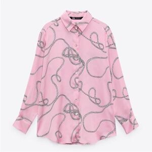 Zara Pink Satin Silky Shirt with Black and White Rope Pattern in Size Small